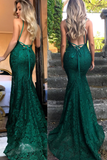 Mermaid Dark Green Prom Dress, Lace Long Prom Dresses, Spaghetti Straps Backless Prom Dress HZ1023