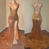Sexy Gold Sequin Spaghetti-Straps Slit Prom Dresses HZ1023