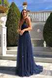 R053,sexy light blue sleeveless v-neck sequins full length evening dress backless spaghetti-straps tulle prom HZ1023