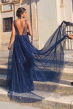 Shiny A Line V Neck Navy Blue Backless Prom Dresses, V Back Navy Formal Evening Dresses HZ1023