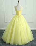 Yellow Tulle Long Flower Applique Evening Dress, Sweet 16 Prom Dress HZ1023