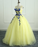 Yellow Tulle Long Flower Applique Evening Dress, Sweet 16 Prom Dress HZ1023