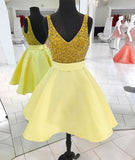 Yellow v neck sequin short prom dress, homecoming dress HZ1023