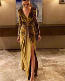 Sexy V-Neck Long Sleeve Split Velvet Prom Dress HZ1023
