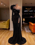 Black Evening Dresses High Neck Side Split Long Sleeve Mermaid Prom Dress Feather Beaded Sexy Special Occasion Gowns HZ1023