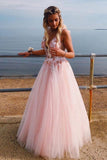 D1161,Pink v neck tulle lace long prom dress, pink tulle evening HZ1023