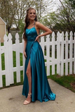 Blue A line satin long prom dress simple evening dress HZ1023