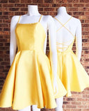 0217,charming simple yellow mini evening dresses satin racer-back women dresses spaghetti-straps fashion dress a-line homecoming HZ1023
