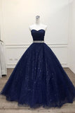 Stunning Navy Blue Tulle Strapless Long Sequins Prom Dress, Evening Dress HZ1023