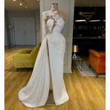 Exquisite Lace White Prom Dresses High Neck One Shoulder Long Sleeve Formal Evening Gowns Side Split Robes De Mari¨¦e HZ1023
