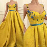 Yellow Prom Dresses A Line Spaghetti 3D Floral Flower Lace Evening Dress Sweep Train Custom Made Fairy Formal Gowns Party Wear HZ1023