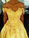 Yellow Satin off shoulder ball gowns prom dress with lace flower beaded HZ1023