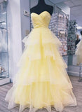 Yellow Tulle Strapless Long Layered Sweet 16 Prom Dress, Evening Dress HZ1023