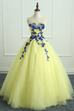 Yellow Tulle Long Flower Applique Evening Dress, Sweet 16 Prom Dress HZ1023