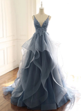 tulle long prom dress with spaghetti straps and ruffled floor length skirt HZ1023