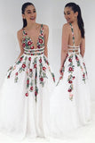 V-neck Sexy Floral Embroidered Long Prom Dresses HZ1023