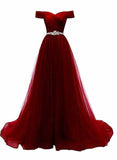 BURGUNDY BEADED TULLE NEW STYLE PROM DRESS, TULLE PARTY DRESS HZ1023