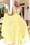 YELLOW V NECK CHIFFON BEADS LONG PROM DRESS YELLOW FORMAL DRESS HZ1023