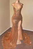 Sexy Gold Sequin Spaghetti-Straps Slit Prom Dresses HZ1023