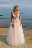 D1161,Pink v neck tulle lace long prom dress, pink tulle evening HZ1023