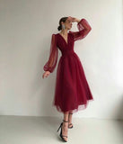 Charming Puffy Long Sleeve Burgundy Tea Length Long Prom Dress/Evening Gown HZ1023