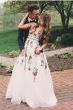 Charming V neck A Line Prom Dress with Embroidery, Open Back Evening Dress HZ1023