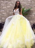 Yellow v neck tulle lace long prom dress, evening dress HZ1023