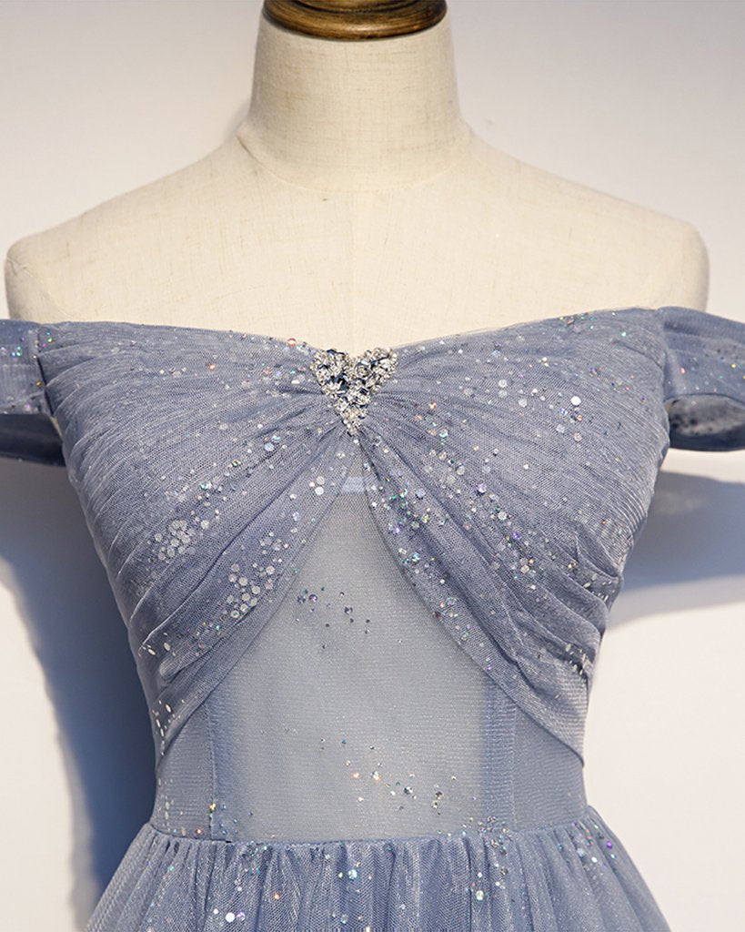 Strapless Blue Tulle Beaded Long A Line Off Shoulder Prom Dress, Evening Dress HZ1023