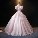 Pink Ball Gown Puff Sleeve Appliques Sequins Tulle Prom Dress HZ1023