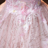 Pink Ball Gown Puff Sleeve Appliques Sequins Tulle Prom Dress HZ1023