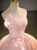 Elegant Strapless Light Pink Satin Ball Gown Prom Dress HZ1023