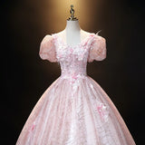 Pink Ball Gown Puff Sleeve Appliques Sequins Tulle Prom Dress HZ1023