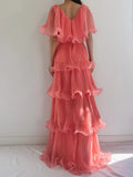 Coral Pink Layered Chiffon A Line V Neck Simple Long Party Dress Evening Dress 18 Birthday Dress HZ1023