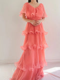 Coral Pink Layered Chiffon A Line V Neck Simple Long Party Dress Evening Dress 18 Birthday Dress HZ1023