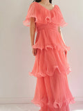 Coral Pink Layered Chiffon A Line V Neck Simple Long Party Dress Evening Dress 18 Birthday Dress HZ1023