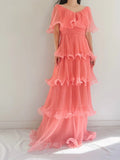 Coral Pink Layered Chiffon A Line V Neck Simple Long Party Dress Evening Dress 18 Birthday Dress HZ1023