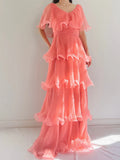 Coral Pink Layered Chiffon A Line V Neck Simple Long Party Dress Evening Dress 18 Birthday Dress HZ1023