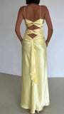 Simple A Line Spaghetti Strap Yellow Satin Open Back Prom Dress Graduation Prom Dress HZ1023
