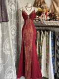 V Neck Lace Burgundy Prom Dress Vintage Mermaid Evening Party Gown Birthday Dress HZ1023