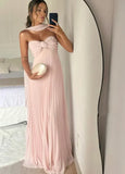 Gentle A Line Strapless Pink Chiffon Long Prom Dress Pleated Formal Party Gown HZ1023