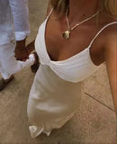 Simple Sheath Spaghetti Strap Ivory Satin Prom Dress Graduation Prom Dress HZ1023