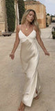 Simple Sheath Spaghetti Strap Ivory Satin Prom Dress Graduation Prom Dress HZ1023
