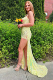 Yellow Sheath V-neck Appliques Sequins Prom Dress With Slit HZ1023