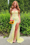 Yellow Sheath V-neck Appliques Sequins Prom Dress With Slit HZ1023