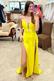 Sexy Yellow V Neck Satin Long Prom Dress Evening Dress with Slit HZ1023