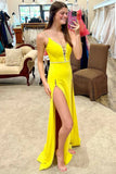 Sexy Yellow V Neck Satin Long Prom Dress Evening Dress with Slit HZ1023