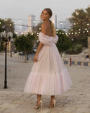 Light Pink A Line Off-the-shoulder Tulle Tea-Length Homecoming Dress HZ1023