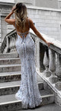 lace up back mermaid silver evening dress prom dress HZ1023