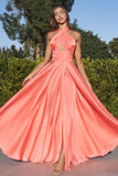 Sexy A Line Halter Bow Satin Long Prom Dress Evening Dress with High Slit HZ1023