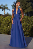 Sexy A Line Halter Bow Satin Long Prom Dress Evening Dress with High Slit HZ1023